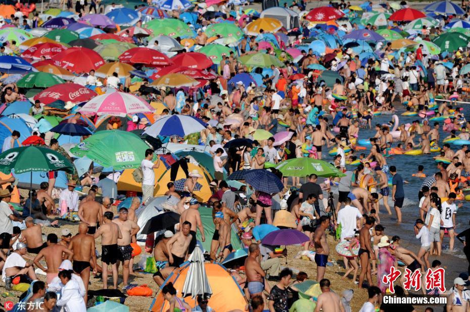 4万游客聚集大连免费海水浴场如同“下饺子”